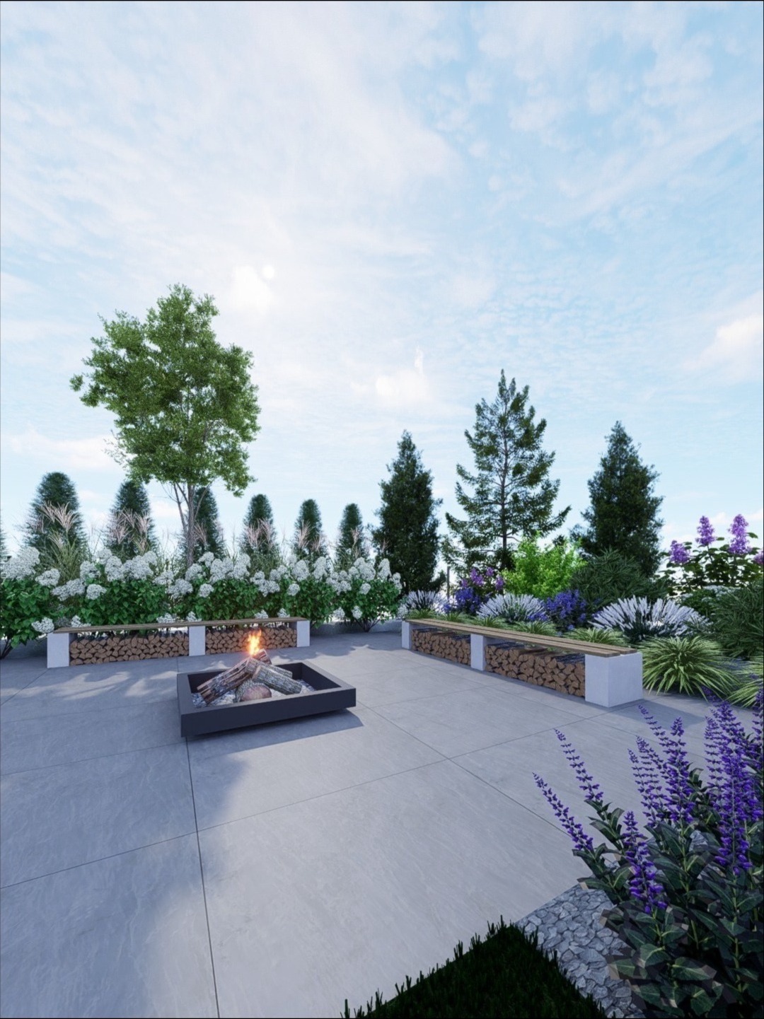 Nowoczesny ogród z paleniskiem, drewnianymi ławkami i różnorodną roślinnością. Widok na starannie zaprojektowaną przestrzeń z elementami dekoracyjnymi i oświetleniem.