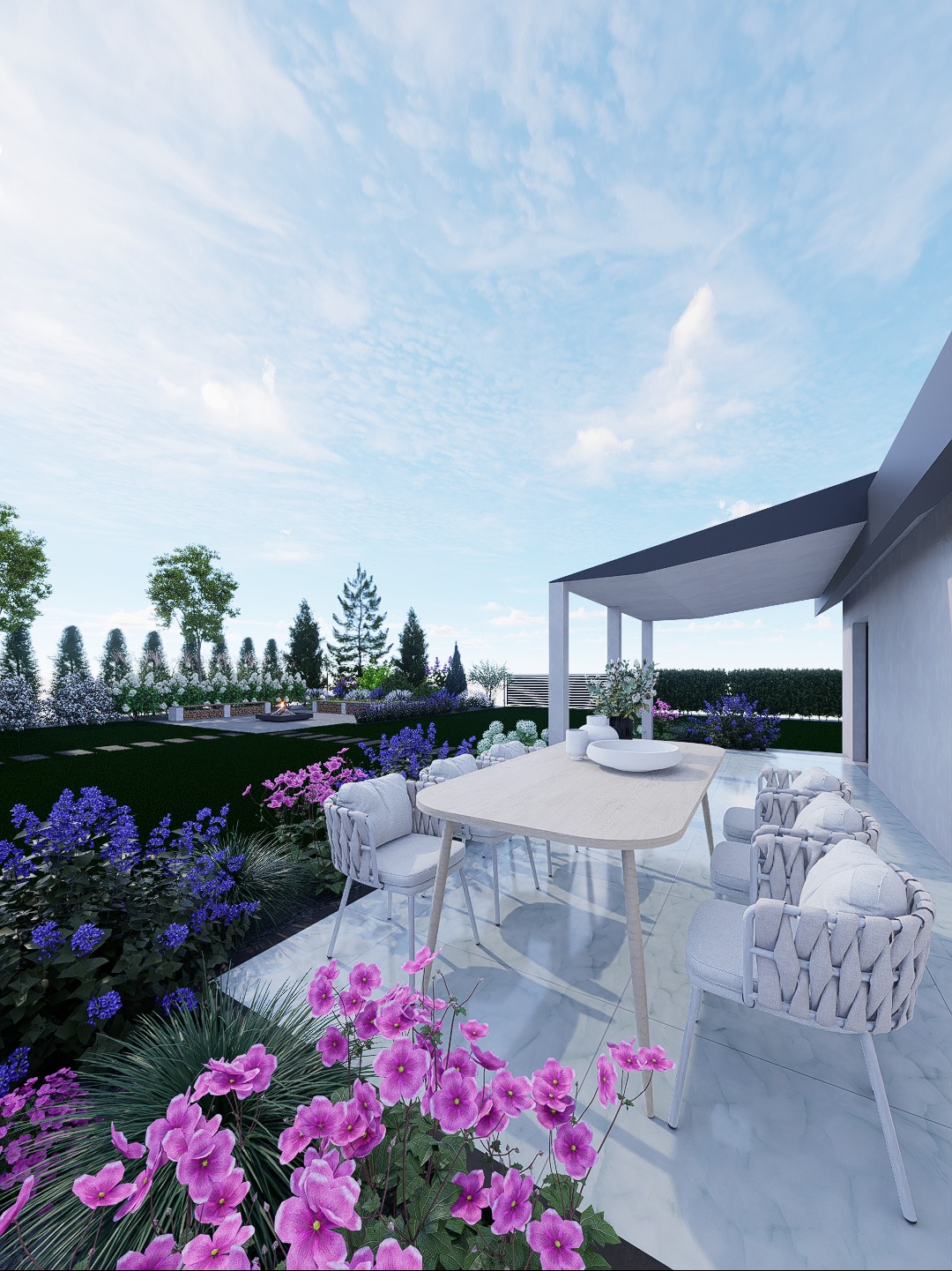 Nowoczesny ogród z tarasem: kwitnące rabaty, trawnik, pergola i meble ogrodowe. Widok na palenisko w głębi ogrodu. Projekt z dbałością o detale i harmonię.