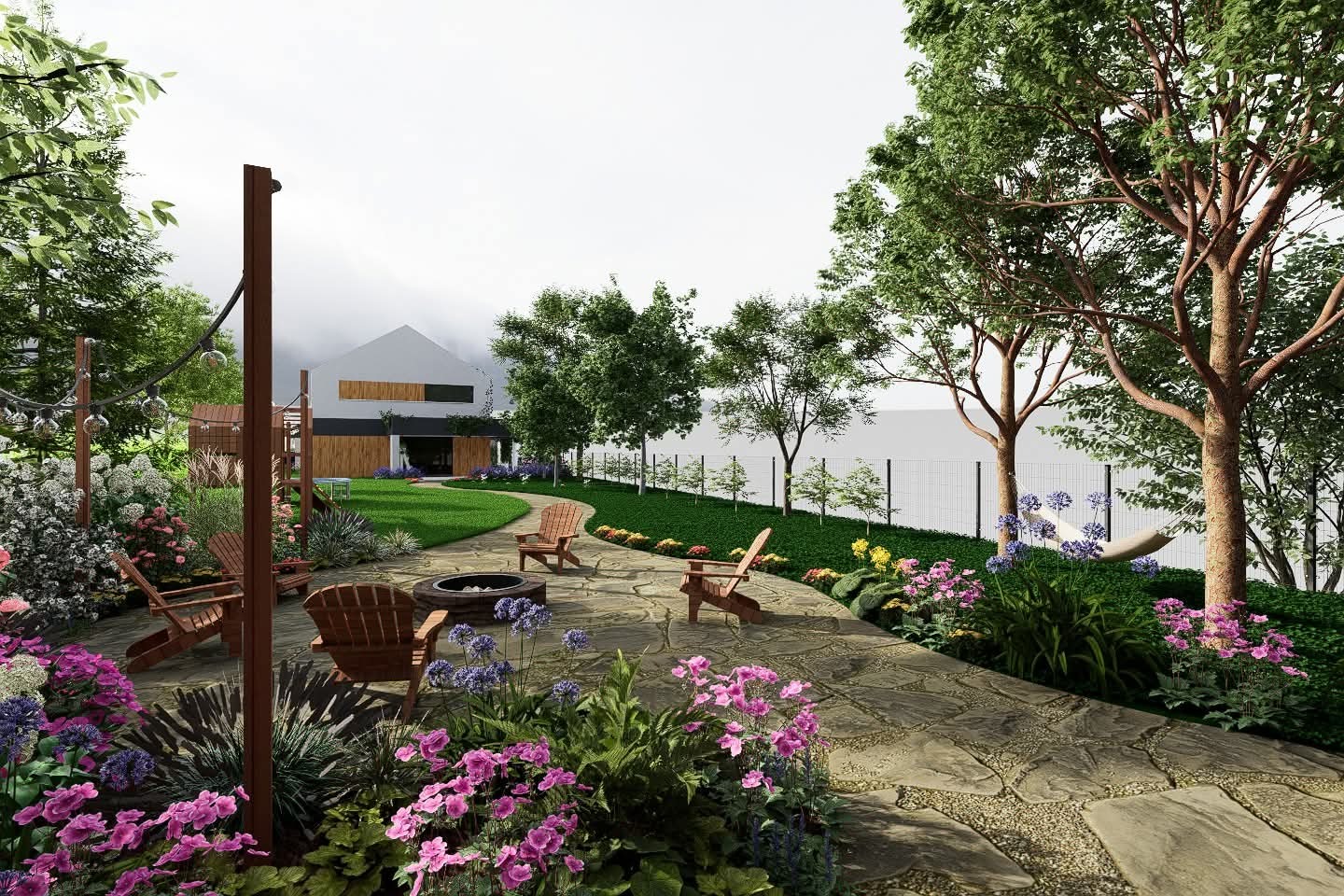 Wizualizacja ogrodu z paleniskiem, drewnianymi krzesłami i kwitnącymi rabatami. Kamienna ścieżka prowadzi do trawnika i nowoczesnego domu w tle.