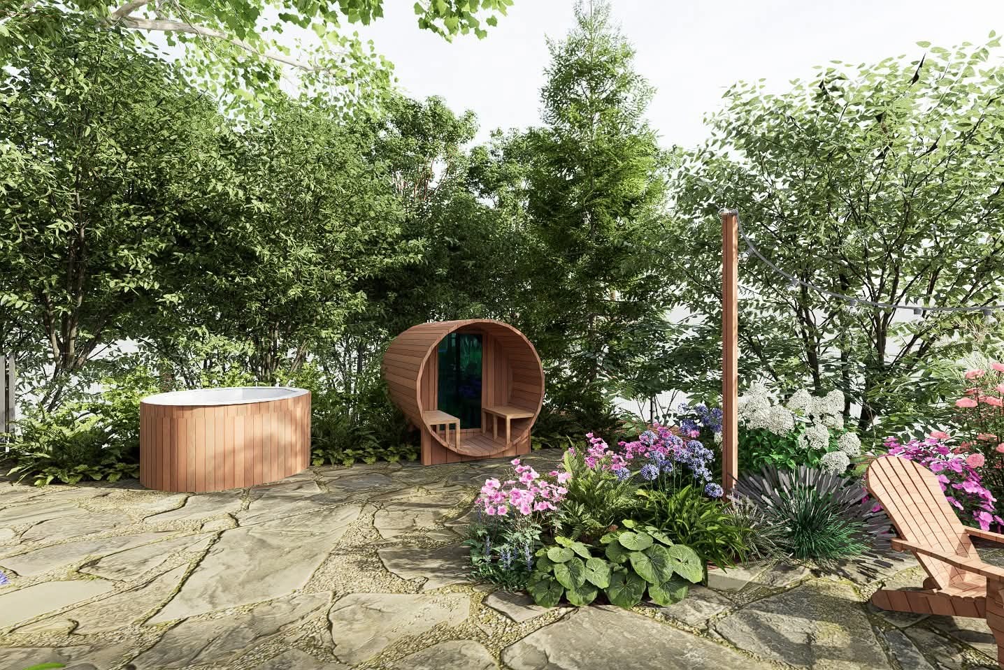 Aranżacja ogrodu w Żórawinie: drewniana sauna beczka, jacuzzi i kwitnące rabaty na kamiennym bruku, otoczone zielenią drzew i krzewów. Relaks w ogrodzie.