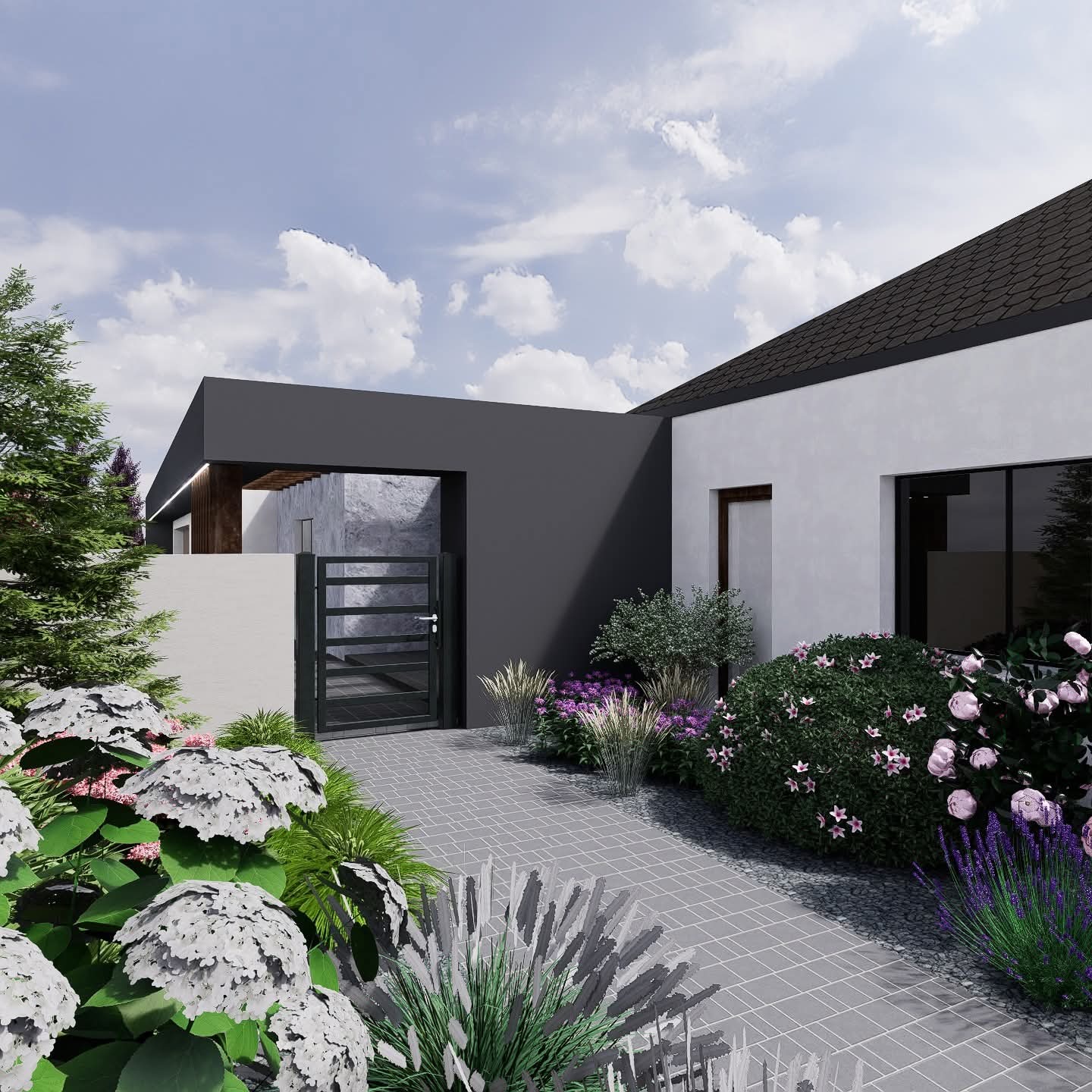 Wizualizacja ogrodu z nowoczesnym domem: szara kostka, białe hortensje, fioletowe lawendy i trawy ozdobne. Minimalistyczna brama w tle.