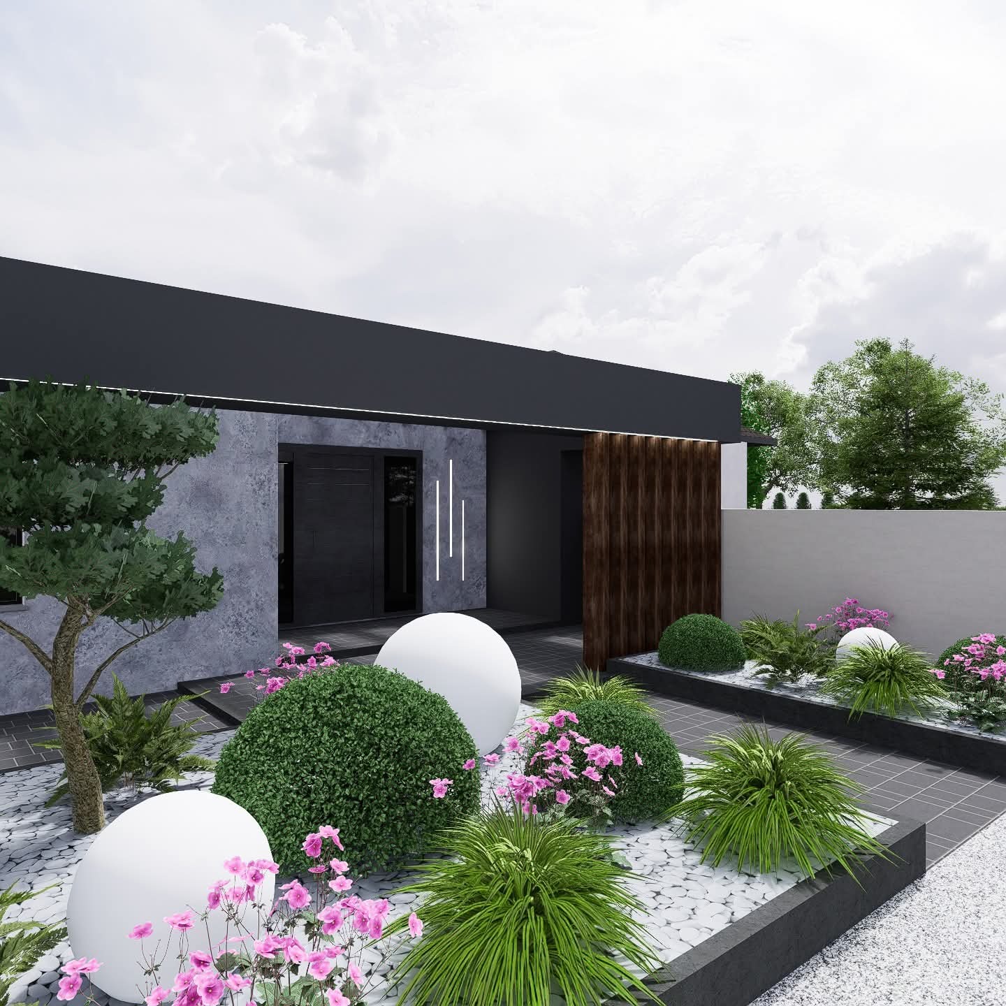 Nowoczesny ogród frontowy z kulistymi krzewami, białymi kulami dekoracyjnymi i kwitnącymi różowymi kwiatami na tle domu o minimalistycznej architekturze.