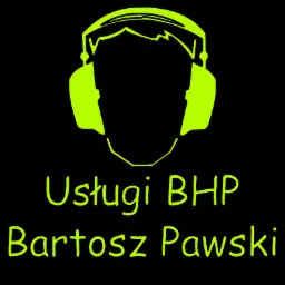 Neonowy, graficzny symbol osoby w słuchawkach ochronnych, pod spodem tekst 'Usługi BHP Bartosz Pawski' na czarnym tle.