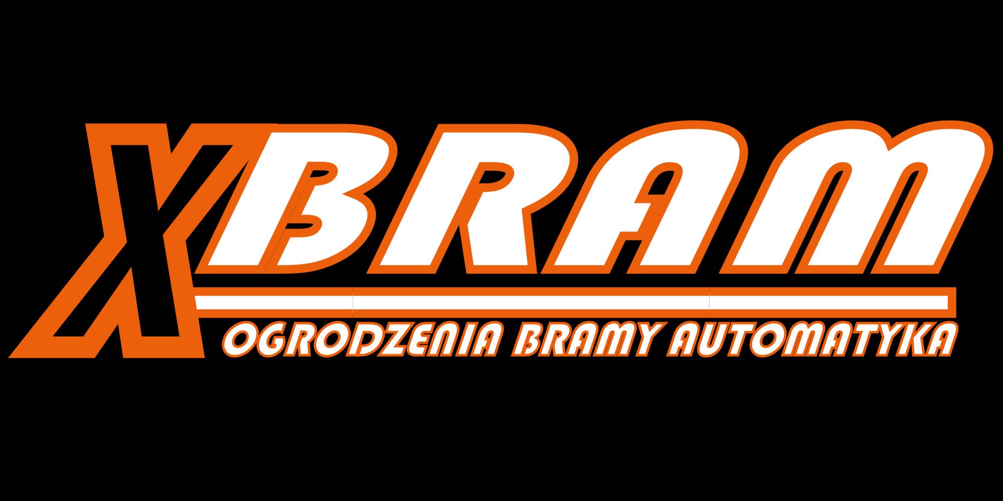 Logo firmy X-BRAM z pomarańczowo-białym napisem na czarnym tle, oferującej ogrodzenia, bramy i automatykę.