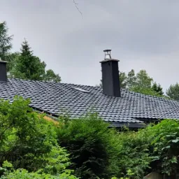 Czarny dach z blachy trapezowej na domu jednorodzinnym, widoczne dwa kominy, drabina oparta o bok budynku, bujna roślinność w ogrodzie, pochmurne niebo.