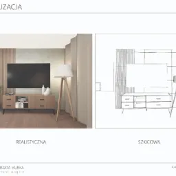 Wizualizacja wnętrza salonu: realistyczny rendering obok szkicu, prezentujący komodę RTV z telewizorem, lampą stojącą i dekoracjami, z akcentami drewna i zieleni.