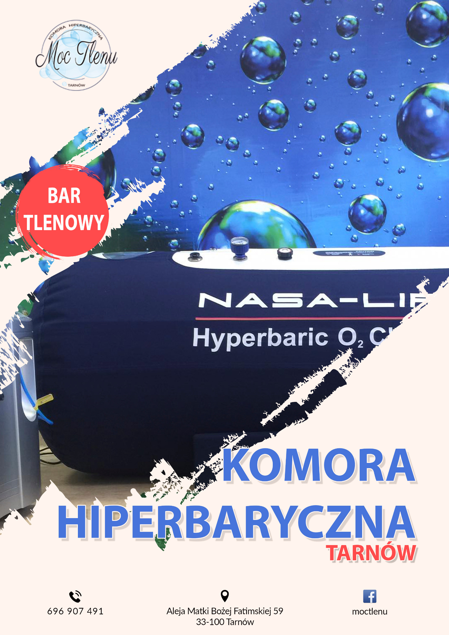 Komora hiperbaryczna NASA-LIF z napisem 'Hyperbaric O2 C', na tle grafiki z bąbelkami i kulami ziemskimi, obok widoczny napis 'Bar Tlenowy' oraz dane kontaktowe i logo 'Moc Tlenu'.