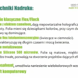 Prezentacja technik nadruku: folie klasyczne Flex/Flock, folie z efektem kameleona, folie flex fotoluminescencyjne, folie metalizowane, folie Silicone 500 micronów, Ecosolvent i haft komputerowy.