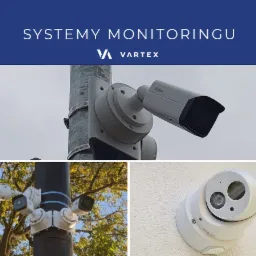 Zestawienie trzech ujęć kamer przemysłowych: kamera kopułkowa na elewacji, kamera obrotowa na słupie oraz grupa kamer na słupie z widocznym fragmentem drzewa.