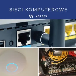 Zbliżenie na router z podłączonym kablem Ethernet, punkt dostępu Wi-Fi zamontowany na suficie i szafa serwerowa z panelami krosowniczymi i przewodami Ethernet w kolorach żółtym i czerwonym.
