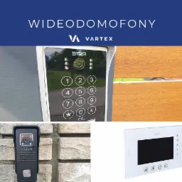 Zestawienie różnych wideodomofonów: model z klawiaturą numeryczną zamontowany na elewacji, czarny model na kamiennej ścianie oraz biały panel wewnętrzny z ekranem i przyciskami funkcyjnymi.