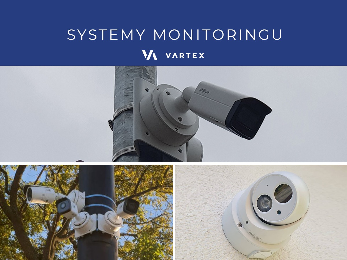 Zestawienie trzech ujęć kamer przemysłowych: kamera kopułkowa na elewacji, kamera obrotowa na słupie oraz grupa kamer na słupie z widocznym fragmentem drzewa.