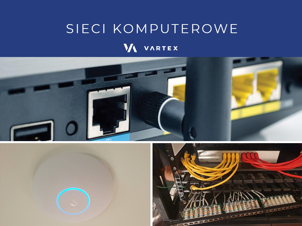 Zbliżenie na router z podłączonym kablem Ethernet, punkt dostępu Wi-Fi zamontowany na suficie i szafa serwerowa z panelami krosowniczymi i przewodami Ethernet w kolorach żółtym i czerwonym.