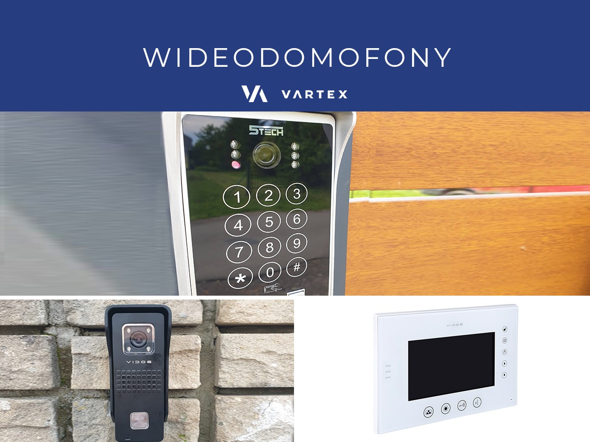 Zestawienie różnych wideodomofonów: model z klawiaturą numeryczną zamontowany na elewacji, czarny model na kamiennej ścianie oraz biały panel wewnętrzny z ekranem i przyciskami funkcyjnymi.