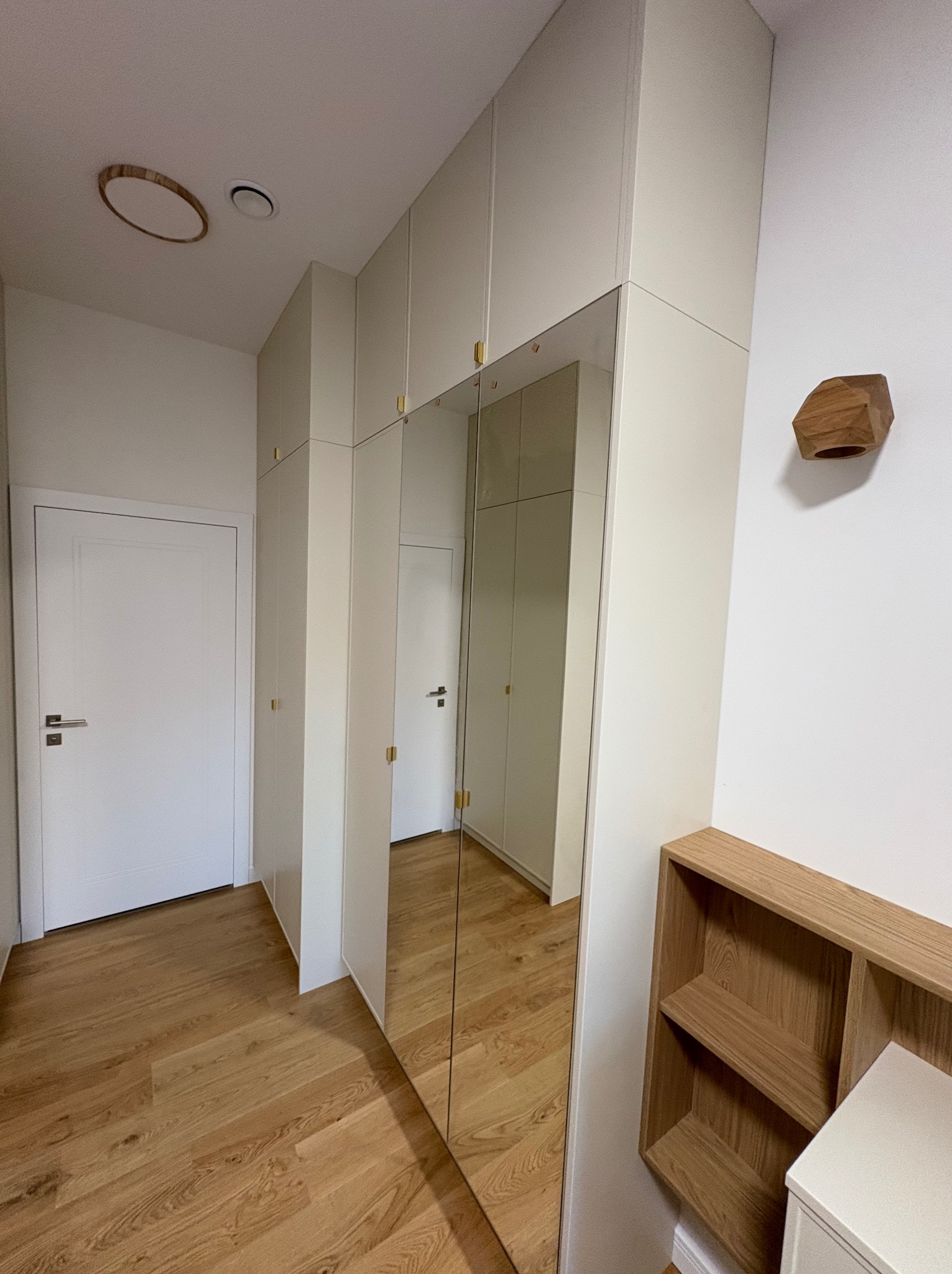 Jasna zabudowa wnękowa z lustrem na pełnej wysokości, złote uchwyty, drewniana podłoga i dekoracja ścienna. Minimalistyczny design, naturalne światło.