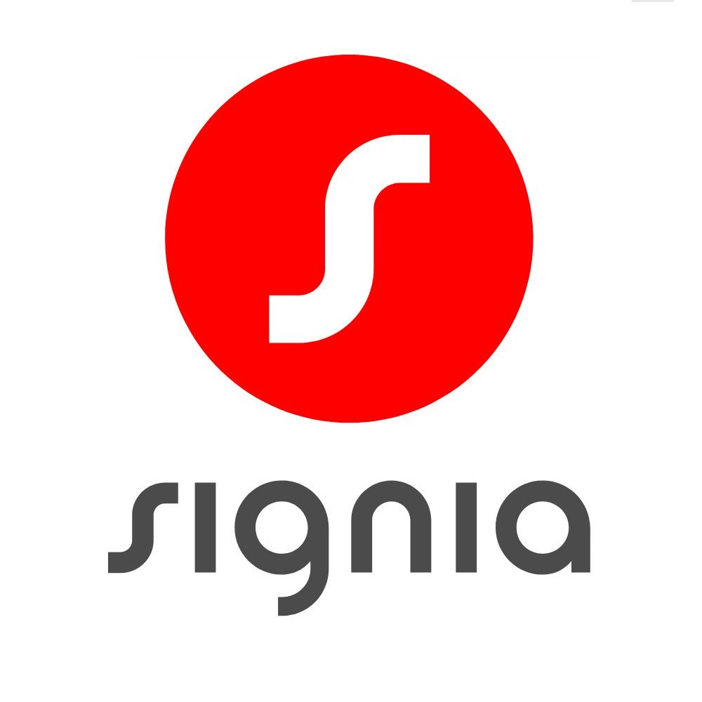 Logo Signia: czerwone koło z białą literą S i szarym napisem 'signia' poniżej.