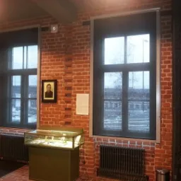 Dwa okna z ciemnymi roletami wewnętrznymi na tle ceglanej ściany, pod oknami grzejniki, pomiędzy nimi gablota z eksponatami.
