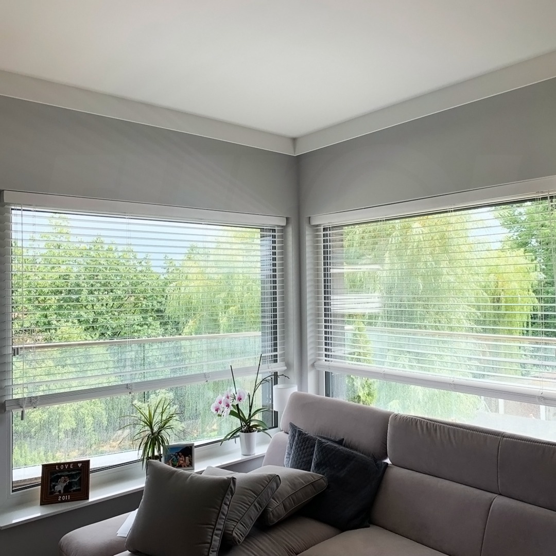 Jasne wnętrze z szarymi ścianami, dwoma oknami z białymi żaluzjami poziomymi, widok na zieleń za oknem, szara sofa z poduszkami, kwiaty doniczkowe i ramki ze zdjęciami na parapecie.