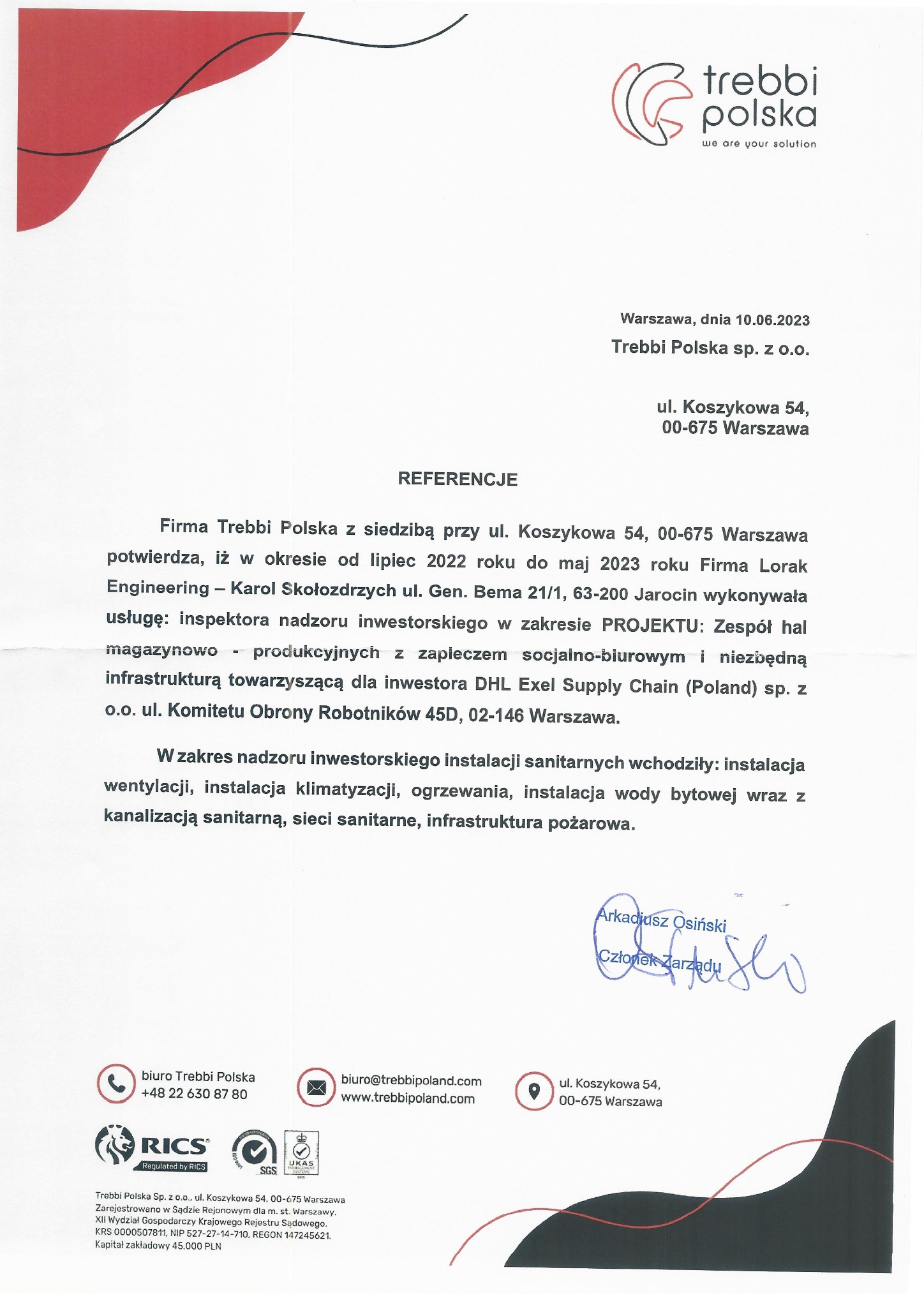 Skan dokumentu referencyjnego firmy Trebbi Polska, potwierdzający nadzór inwestorski nad instalacjami sanitarnymi w halach magazynowo-produkcyjnych dla DHL Exel Supply Chain, z datą 10.06.2023...