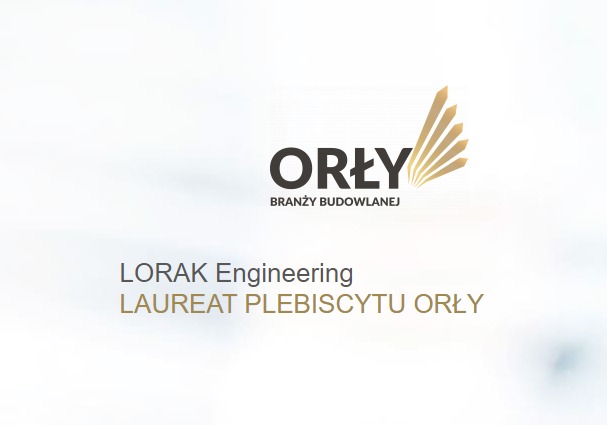 Logo firmy LORAK Engineering, laureata plebiscytu Orły Branży Budowlanej, z graficznym elementem przypominającym pióra.