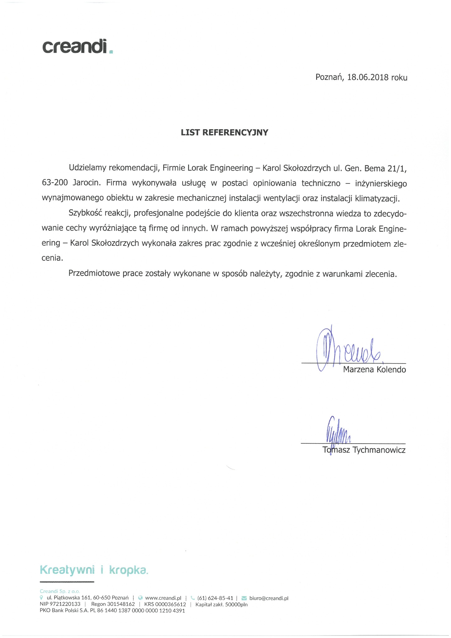 Skan listu referencyjnego z 18.06.2018 roku dla firmy Lorak Engineering, dotyczącego wykonania instalacji wentylacji i klimatyzacji, z podpisami Marzeny Kolendo i Tomasza Tychmanowicza.