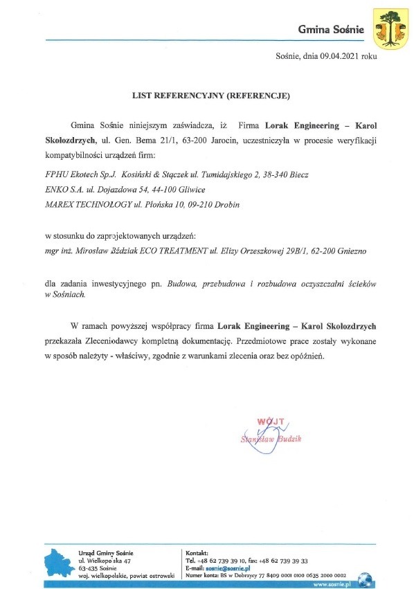 Skan dokumentu referencyjnego od Gminy Sośnie dla firmy Lorak Engineering - Karol Skołozdrzych, potwierdzający udział w weryfikacji kompatybilności urządzeń dla kilku firm, z pieczątką i podpisem.