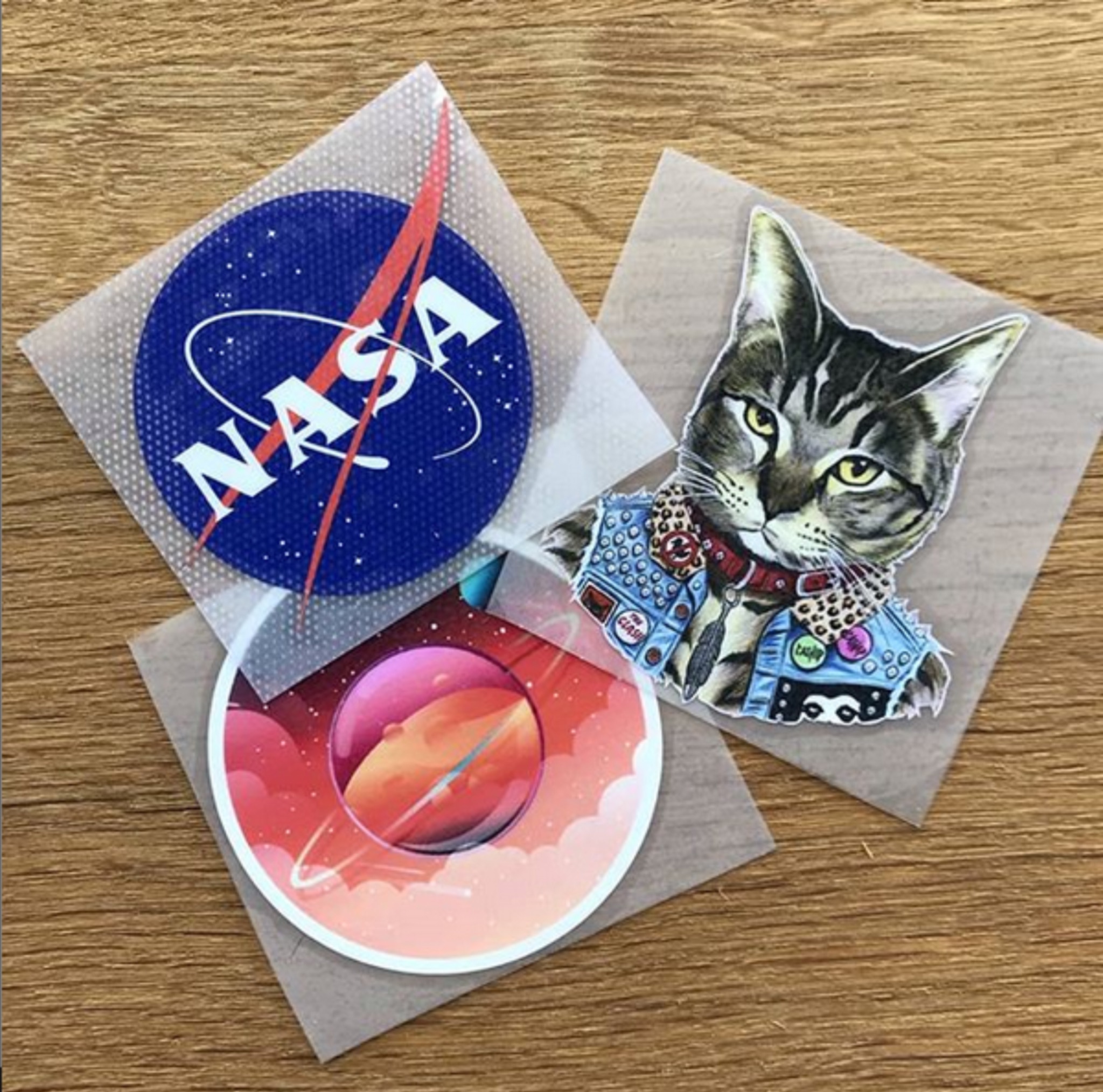 Trzy okrągłe, wycięte grafiki na podkładach: logo NASA, planeta w chmurach i kot w dżinsowej kurtce z ćwiekami, leżące na drewnianej powierzchni.