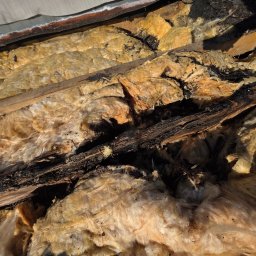 Paweł Porębski Natalia Kalczuk - Uszkodzona izolacja dachu z widocznymi fragmentami zwęglonego drewna i zawilgoconej wełny mineralnej. Nieszczelność dachu i konieczność naprawy.