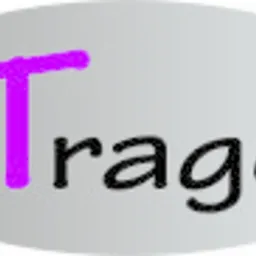 Logo firmy Trago na szarym, owalnym tle. Litera T w kolorze fuksji, reszta napisu czarna.