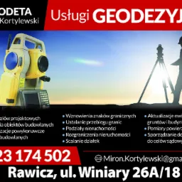 Usługi geodezyjne: teodolit i sylwetka geodety w tle. Oferta obejmuje mapy, wytyczenia, wznowienia granic i aktualizacje ewidencji gruntów. Rawicz.