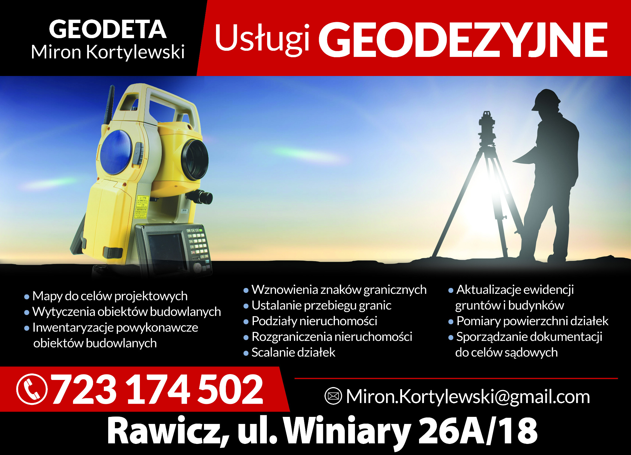 Usługi geodezyjne: teodolit i sylwetka geodety w tle. Oferta obejmuje mapy, wytyczenia, wznowienia granic i aktualizacje ewidencji gruntów. Rawicz.