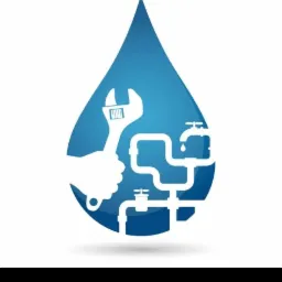 Grafika wektorowa przedstawiająca kroplę wody z białym zarysem dłoni trzymającej klucz francuski oraz schemat instalacji wodociągowej z kranami i kroplą wody.