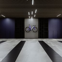 Włodarski Galerie - Nowoczesny garaż z rowerem górskim wiszącym na ścianie z pionowymi panelami, oświetlenie LED na suficie, dwie szare terenówki po bokach, minimalistyczny design.
