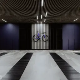Nowoczesny garaż z rowerem górskim wiszącym na ścianie z pionowymi panelami, oświetlenie LED na suficie, dwie szare terenówki po bokach, minimalistyczny design.