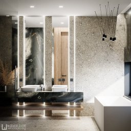 Włodarski Galerie - Nowoczesna łazienka z podwójną umywalką na blacie z czarnego marmuru, podświetlanym od dołu, z dużymi lustrami z oświetleniem LED, minimalistyczną lampą wiszącą i wanną w kształcie sześcianu.