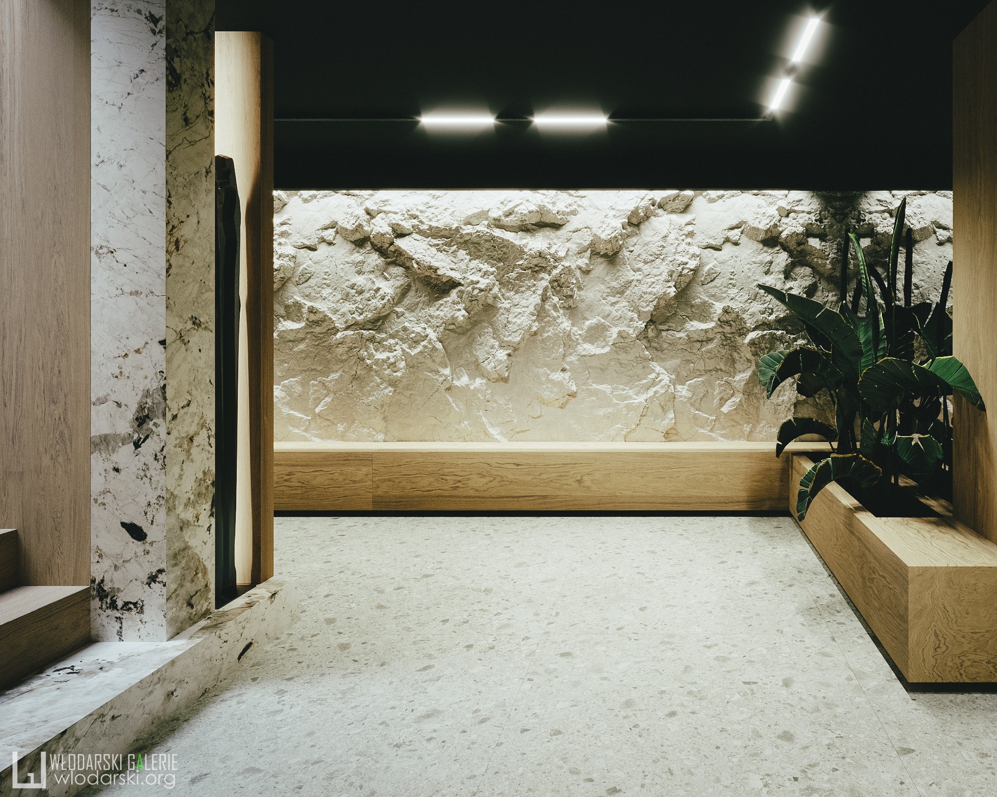 Minimalistyczne wnętrze z surową, kamienną ścianą, drewnianymi elementami i roślinami w donicach, oświetlone listwami LED, z podłogą w stylu lastryko.