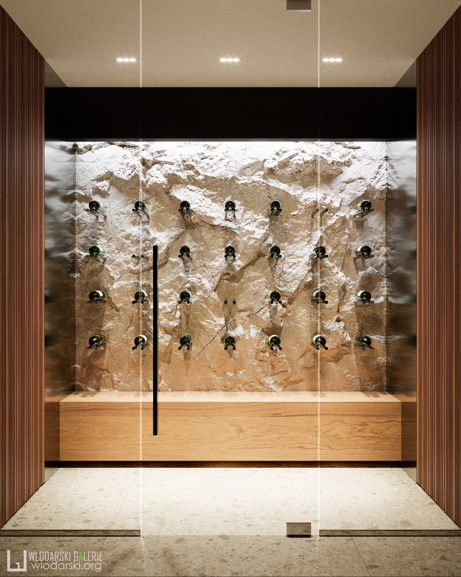 Nowoczesna piwniczka na wino za szklanymi drzwiami, z kamienną ścianą i drewnianą półką, oświetlona punktowo.