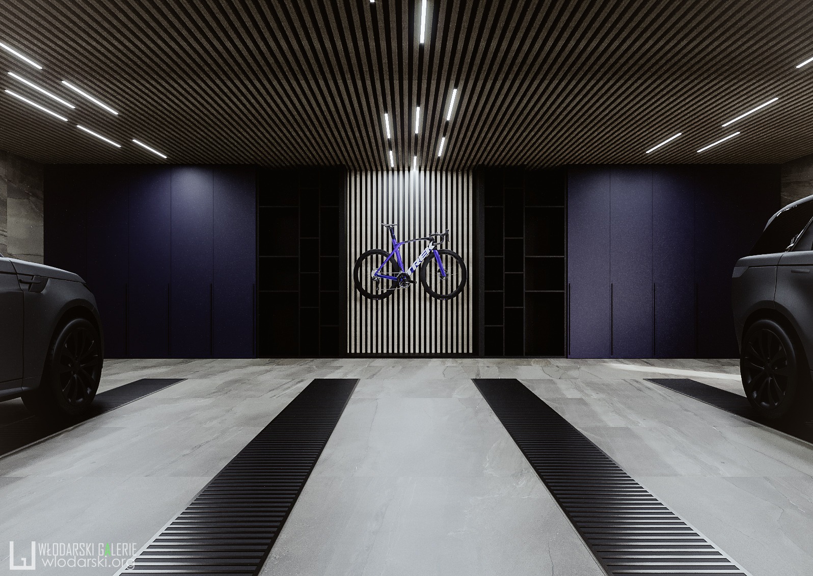 Nowoczesny garaż z rowerem górskim wiszącym na ścianie z pionowymi panelami, oświetlenie LED na suficie, dwie szare terenówki po bokach, minimalistyczny design.