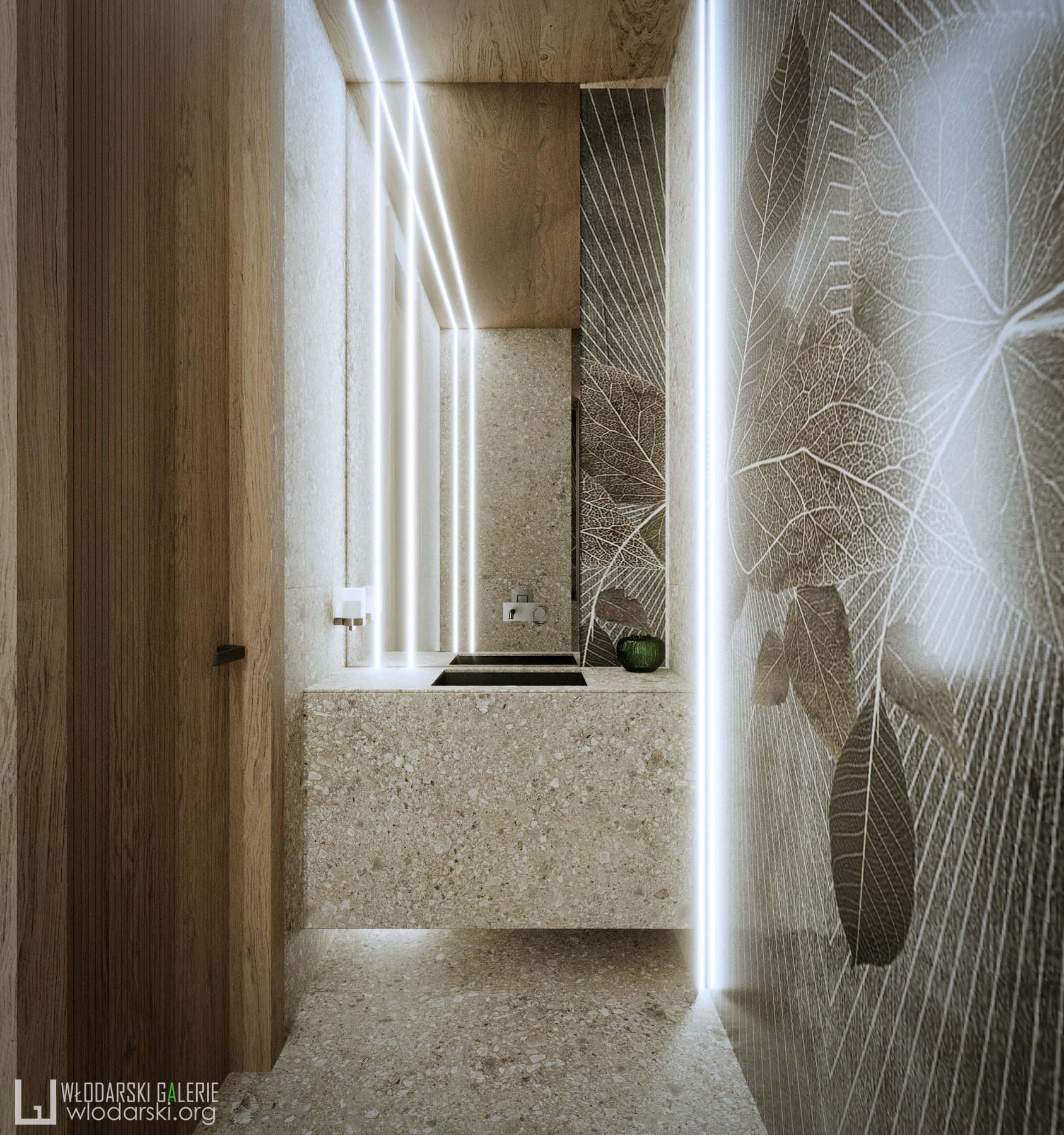 Nowoczesna łazienka z umywalką z lastryko, oświetleniem LED i tapetą w liście, widziana z perspektywy wejścia.