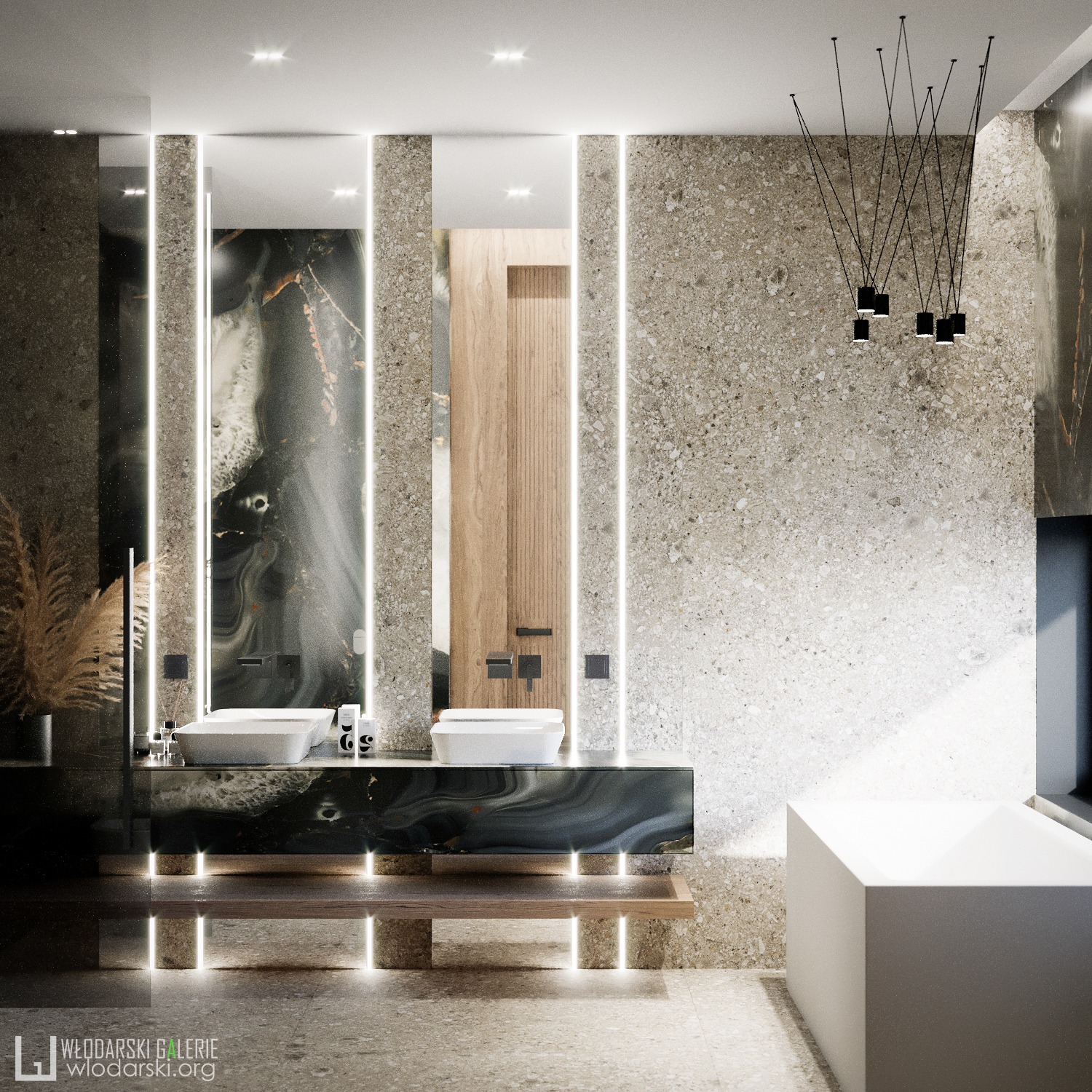 Nowoczesna łazienka z podwójną umywalką na blacie z czarnego marmuru, podświetlanym od dołu, z dużymi lustrami z oświetleniem LED, minimalistyczną lampą wiszącą i wanną w kształcie sześcianu.
