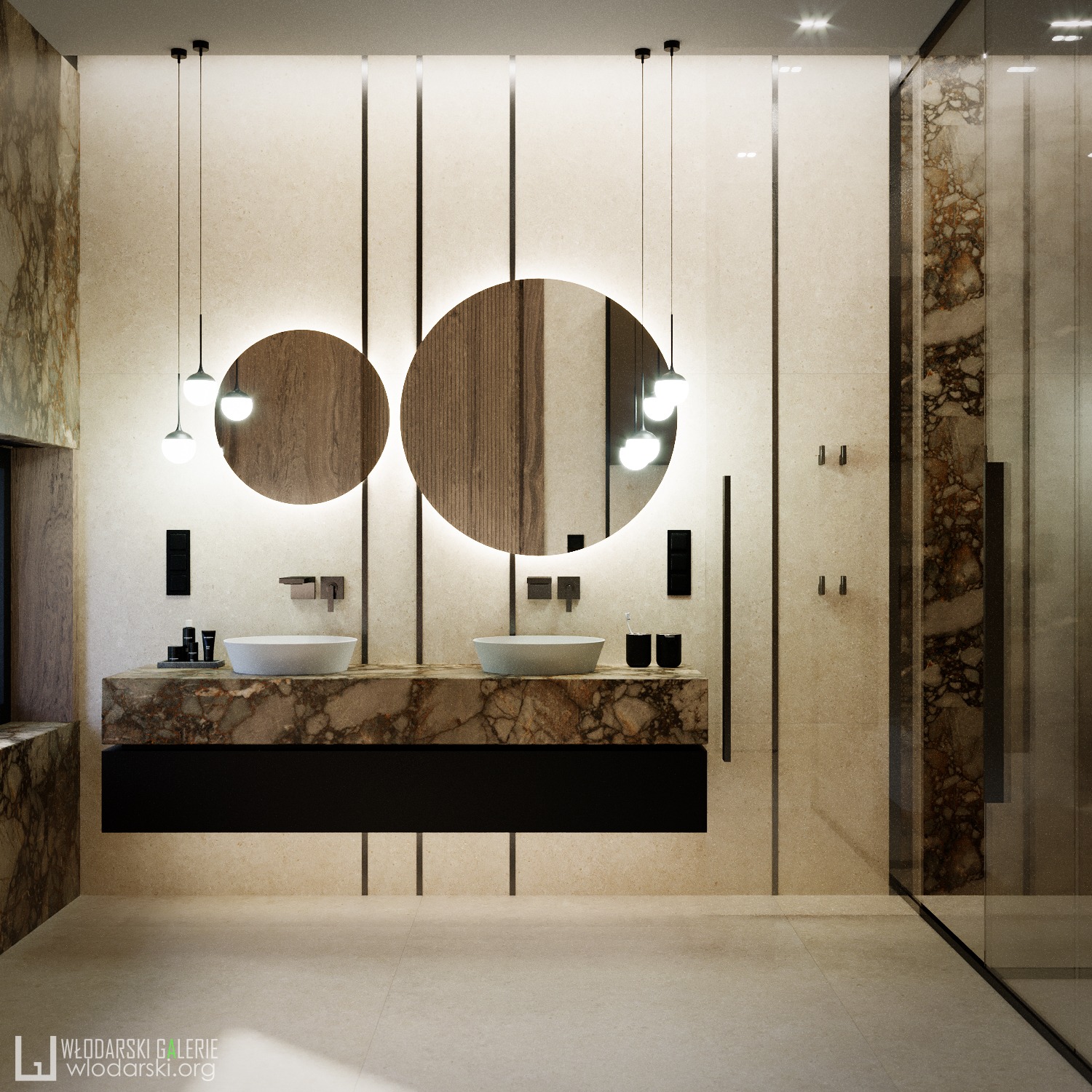 Elegancka łazienka z dwoma okrągłymi lustrami podświetlonymi LED, marmurowym blatem i minimalistycznymi umywalkami, wiszące lampy, kabina prysznicowa ze wzorem marmuru na szkle.