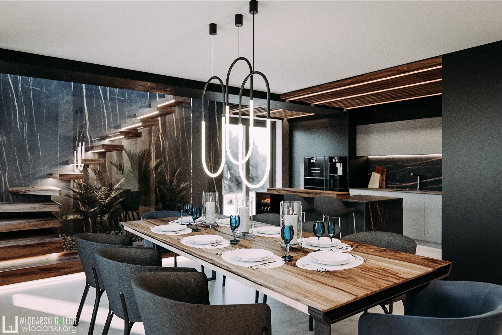Nowoczesna jadalnia z drewnianym stołem, szarymi krzesłami i wiszącymi lampami w kształcie łuków, marmurowa ściana z podświetlanymi schodami w tle, minimalistyczna kuchnia w głębi.