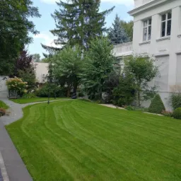 Perfekcyjnie przystrzyżony trawnik z wyraźnymi pasami, przylegający do białego budynku z elementami architektury klasycznej i ozdobnymi krzewami.