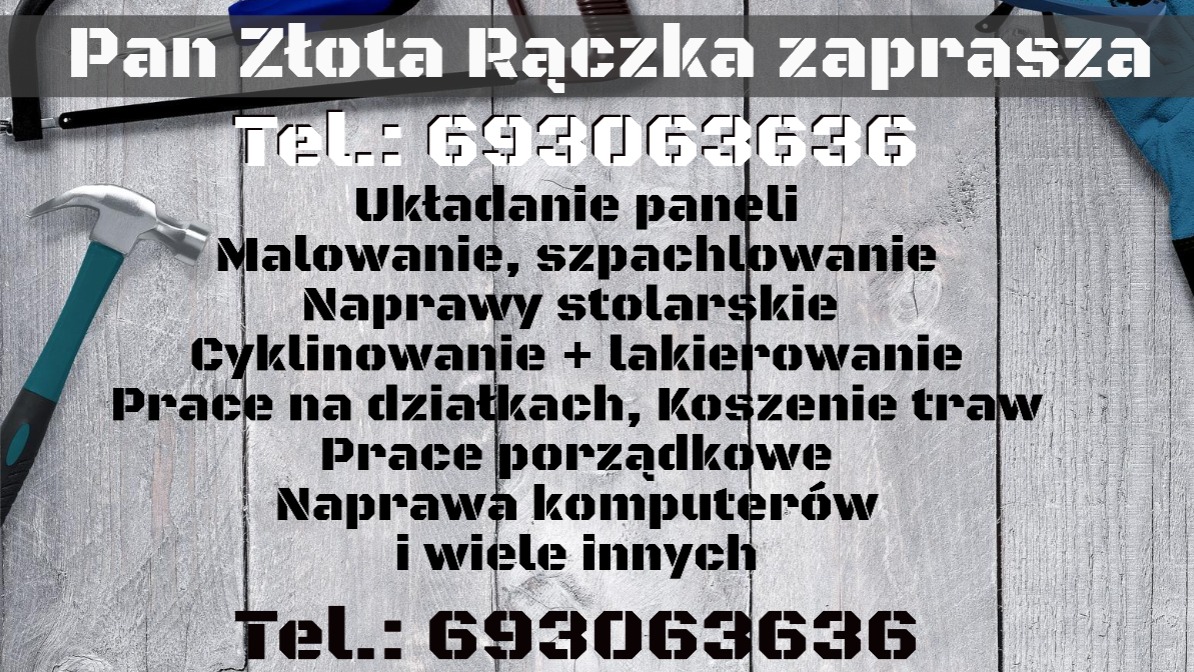 Ogłoszenie usług remontowo-budowlanych z numerem telefonu, młotkiem i piłą na drewnianym tle.
