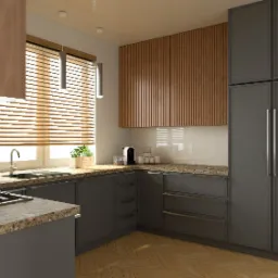 Wizualizacja nowoczesnej kuchni z szarymi szafkami, blatem w plamki, drewnianymi żaluzjami w oknie, drewnianą okładziną ściany i parkietem w jodełkę.