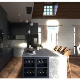 smag design - Elegancka kuchnia w odcieniach granatu z marmurowym blatem i wyspą z ekspozycją na wino. Jasne, przestronne wnętrze z drewnianą podłogą i oknami dachowymi.