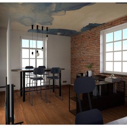 smag design - Loftowe wnętrze z ceglaną ścianą i sufitem w chmurki. Wysoki stół barowy z krzesłami, czarne regały i okno z widokiem na zewnątrz. Nowoczesny design.