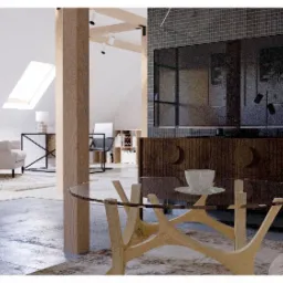 Jasne poddasze z drewnianymi belkami, szklanym stolikiem kawowym z filiżanką i telewizorem na tle ściany z mozaiki