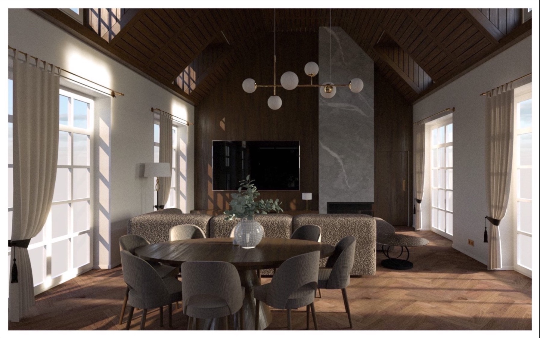 Wnętrze salonu z drewnianym stropem, dużymi oknami z zasłonami i okrągłym stołem jadalnym. W tle sofa i kominek z marmurowym wykończeniem. Nowoczesne oświetlenie.