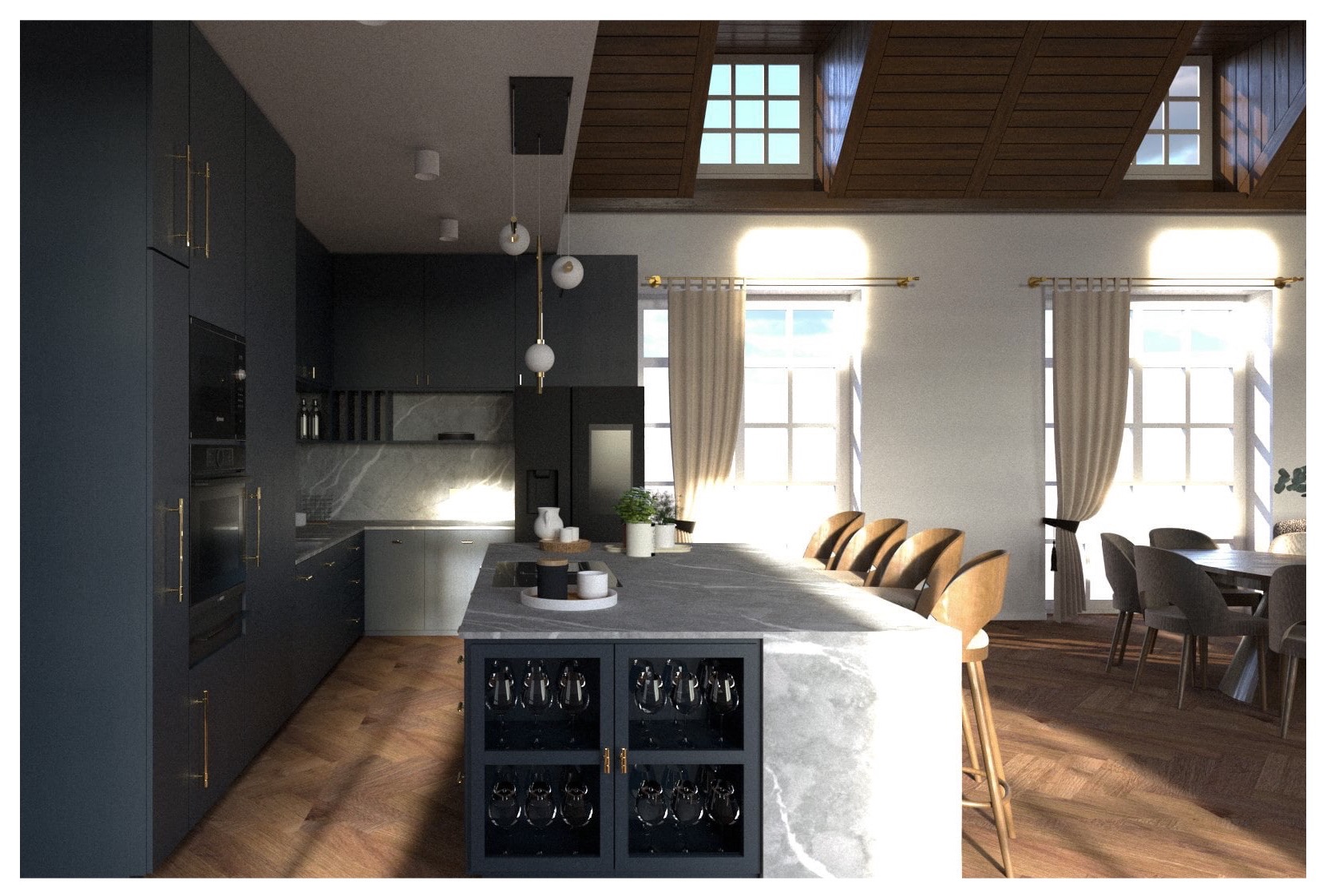 Elegancka kuchnia w odcieniach granatu z marmurowym blatem i wyspą z ekspozycją na wino. Jasne, przestronne wnętrze z drewnianą podłogą i oknami dachowymi.